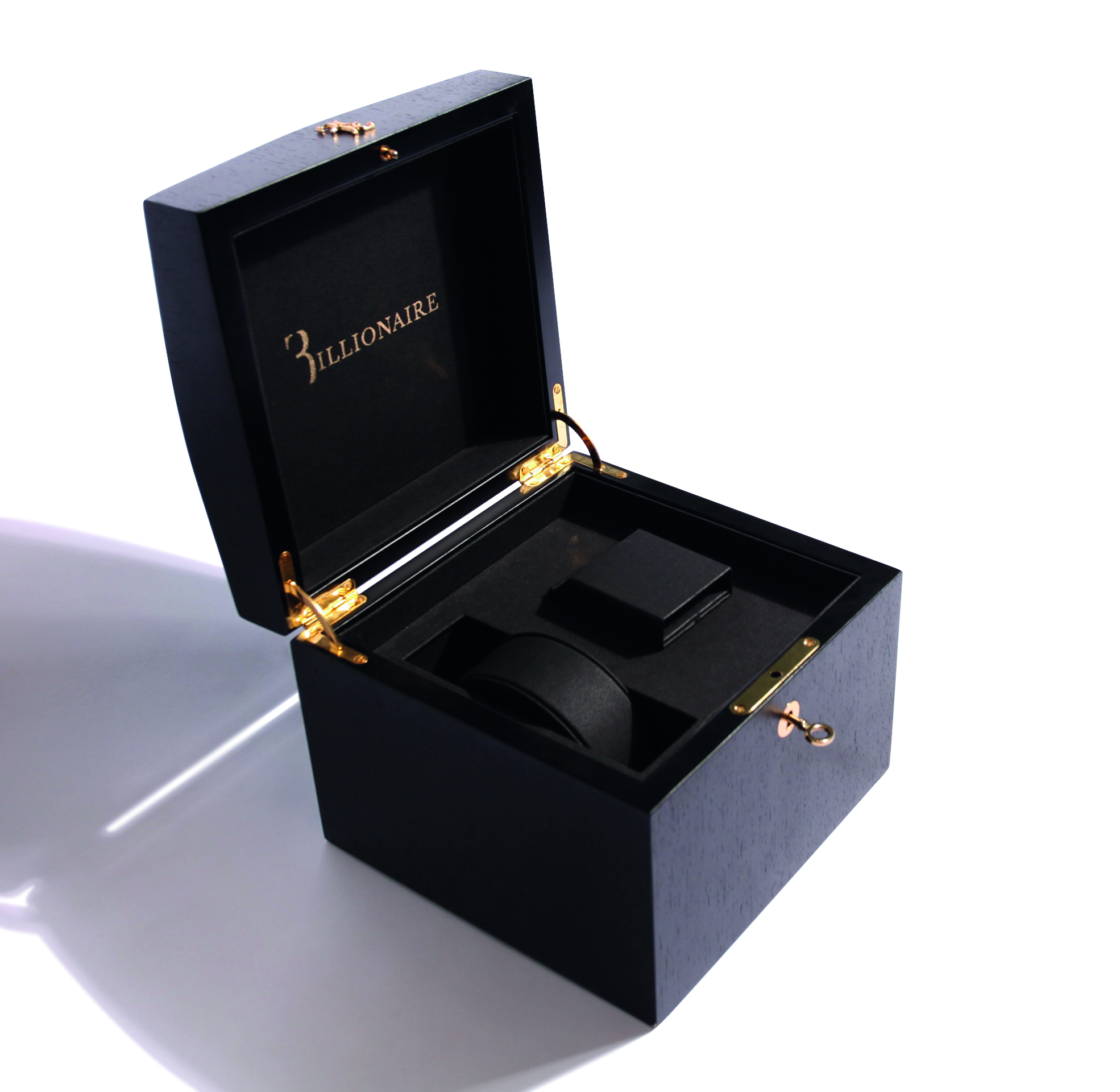 Caja de lujo Billionaire en madera noble con bisagras de oro